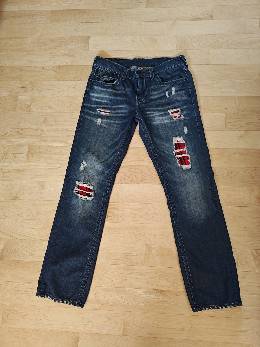 True Religion Men's Dark Wash Ripped Jeans with Red Plaid Patches